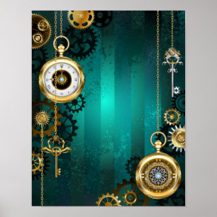 Poster Steampunk Jewelry Watch em um fundo verde