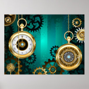 Poster Steampunk Jewelry Watch em um fundo verde
