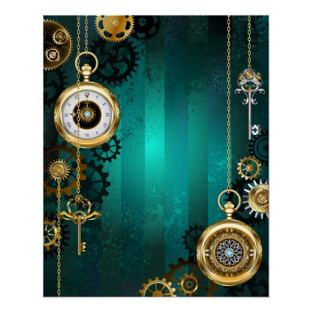 Póster Steampunk Jewelry Watch em um fundo verde (Frente)