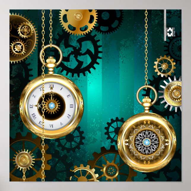 Poster Steampunk Jewelry Watch em um fundo verde (Frente)