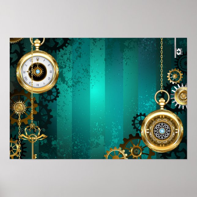 Poster Steampunk Jewelry Watch em um fundo verde (Frente)