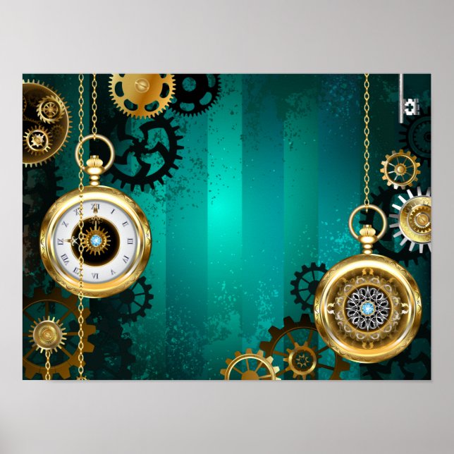 Poster Steampunk Jewelry Watch em um fundo verde (Frente)