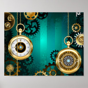 Poster Steampunk Jewelry Watch em um fundo verde
