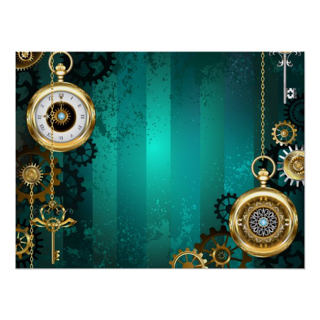 Póster Steampunk Jewelry Watch em um fundo verde (Frente)
