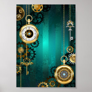 Poster Steampunk Jewelry Watch em um fundo verde
