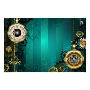 Póster Steampunk Jewelry Watch em um fundo verde