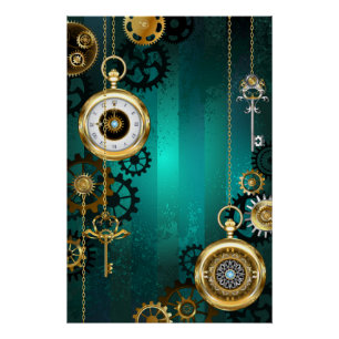 Póster Steampunk Jewelry Watch em um fundo verde