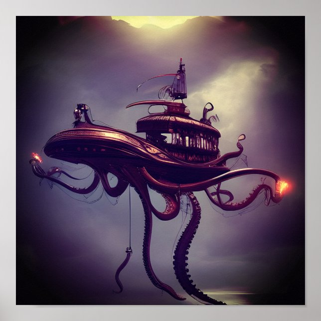 Poster Steampunk Octopus Ship Fantasy Art (Frente)
