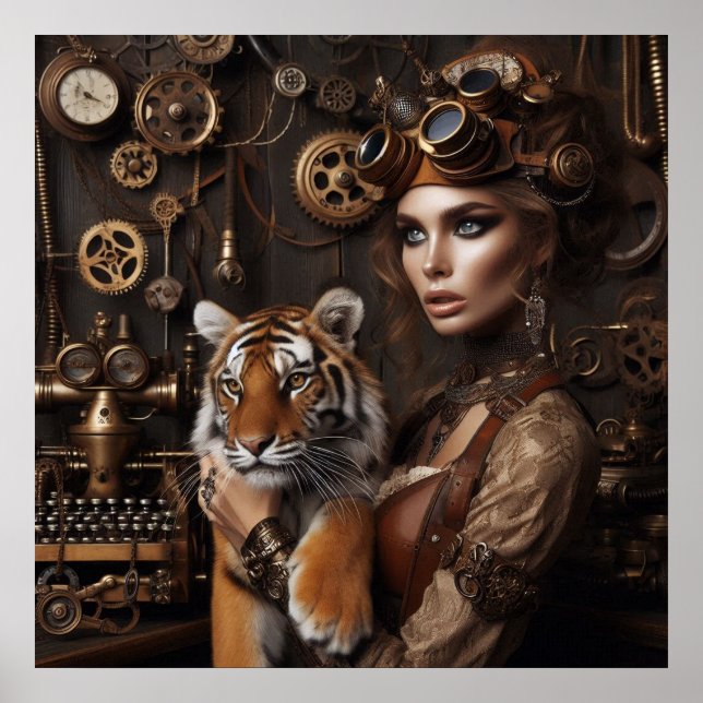 Poster Steampunk - Time Machine Young Girl and Tiger 80-4 (Frente)