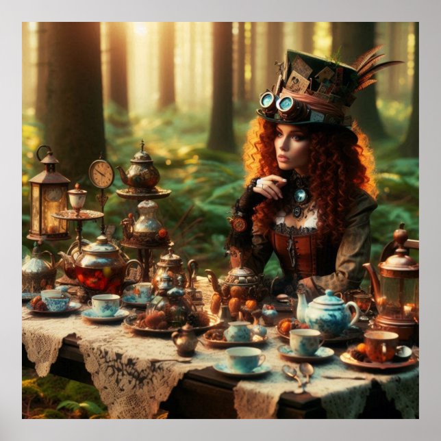 Poster Steampunk Vintage Victorian Lady Mad Hatter (Frente)