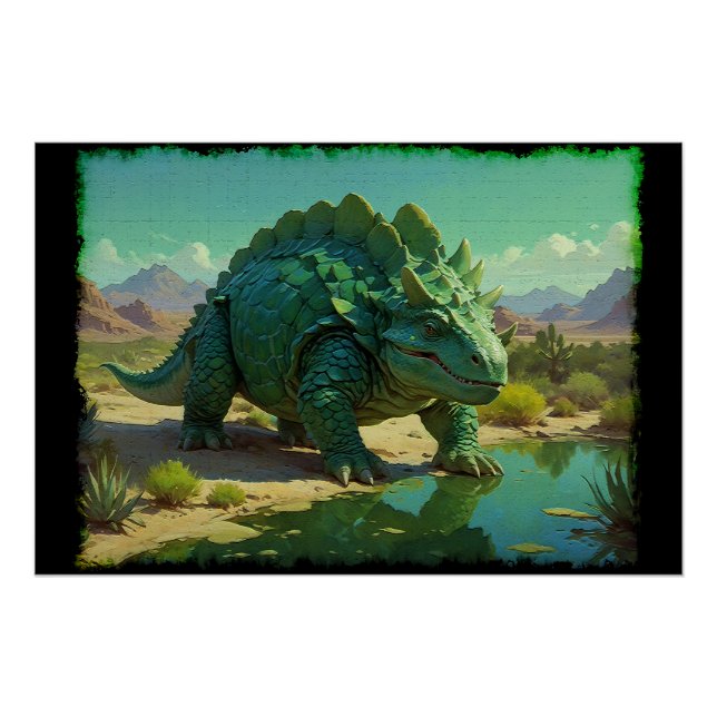 Póster Stegossauro Verde e Piscina do Deserto (Frente)