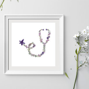 Poster Stethoscope Watercolor Flowers Médico Enfermeiro