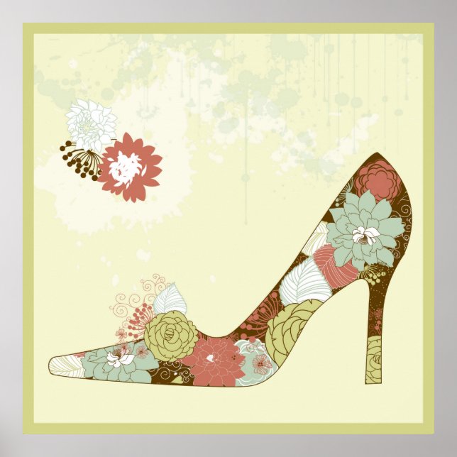Póster Stiletto Floral Calçados Beige Brown e Ênfase Verd (Frente)