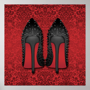 Póster Stilettos em fundo vermelho-damasco
