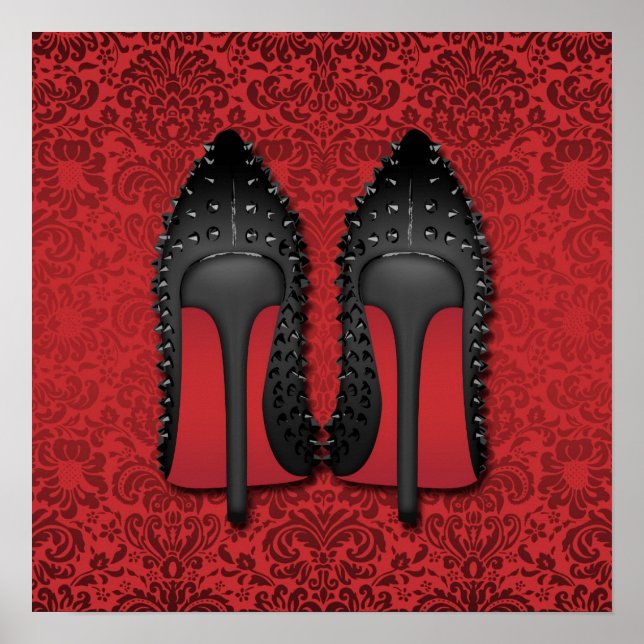 Póster Stilettos em fundo vermelho-damasco (Frente)
