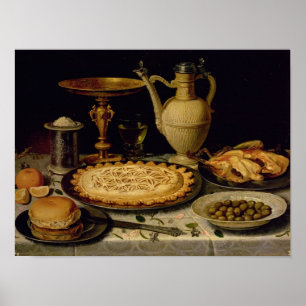 Poster Still life with a tart,chicken, bread and olives