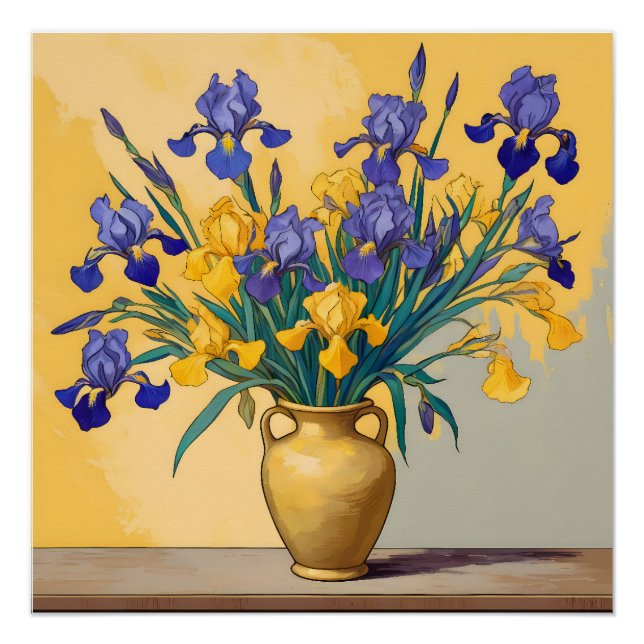 Póster Stilleven met Gele en Blauwe Irissen in een Gouden (Frente)