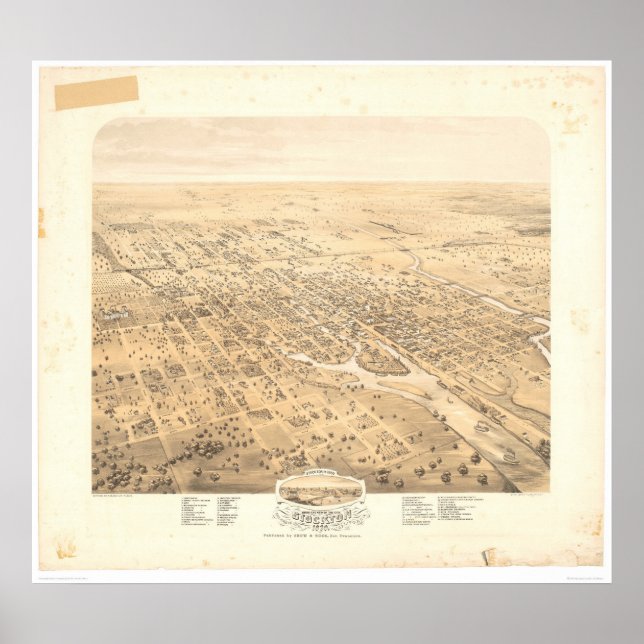 Póster Stockton, CA Panorâmica Map 1870 (1667A) - Não res (Frente)