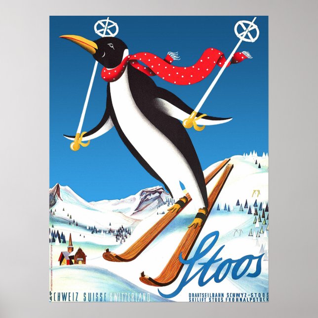 Poster Stoos, Penguin sobre esqui, montanhas de Suiça (Frente)