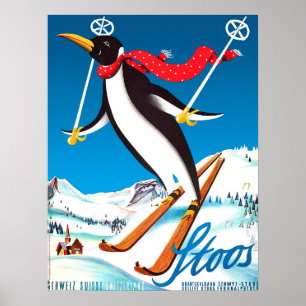Poster Stoos, pinguim em um esqui, montanhas da suiça