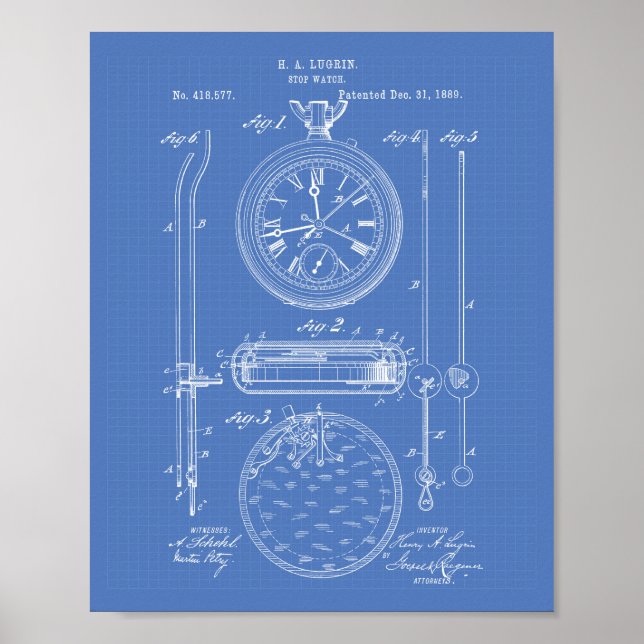 Poster Stop Watch 1889 Patent Art Blueprint (Frente)
