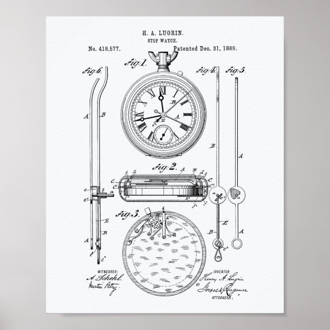 Póster Stop Watch White Paper de 1889 sobre as patentes (Frente)