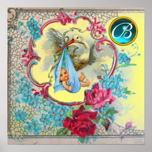 Póster STORK BABY BOY CHÁ Gem Stone Monograma Amarelo
