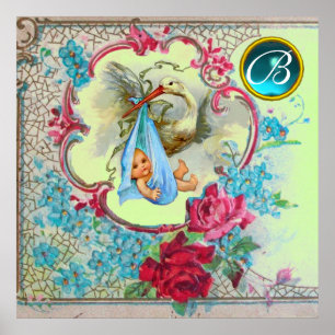 Póster STORK BABY BOY SHOWER Gem Stone Monogram Green