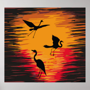 Poster Storks Sunset Silhouette: Backdro Colorido Vintage