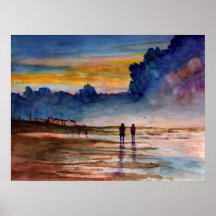 Stormy Sunset Beach Combing Watercolor