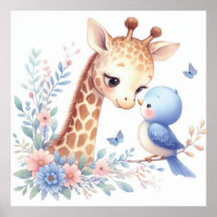 Poster Storybook Woodland Babings Giraffe E Pássaro Azul