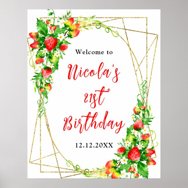 Poster Strawberries and Daisies Birthday Welcome (Frente)