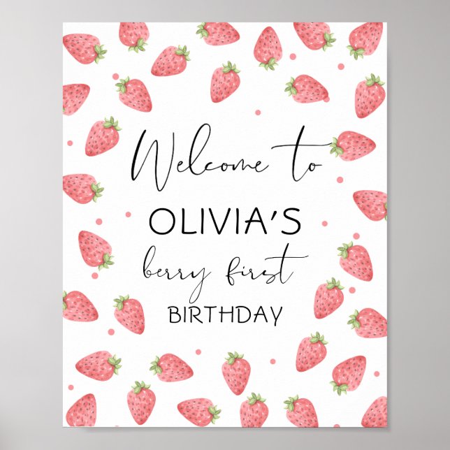 Poster Strawberry Berry First Birthday Girl Sweet Welcome (Frente)