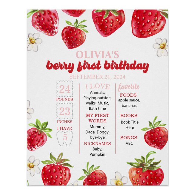 Póster Strawberry Berry Primeiro Milestone de Aniversário (Frente)