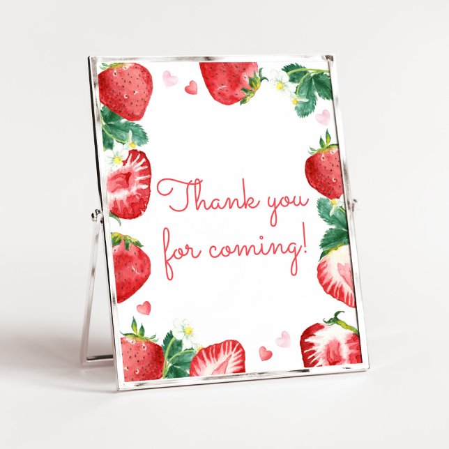 Poster Strawberry Berry Sweet Obrigado por vir (A Berry Sweet Strawberry Baby Shower Thank you for Coming Sign)