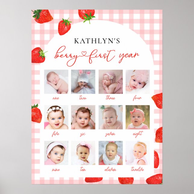 Poster Strawberry First Birthday Pink Milestone 12 Foto (Frente)