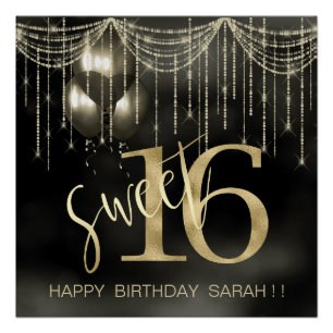 Póster String Lights & Balloons Sweet 16 Black/Dourado ID
