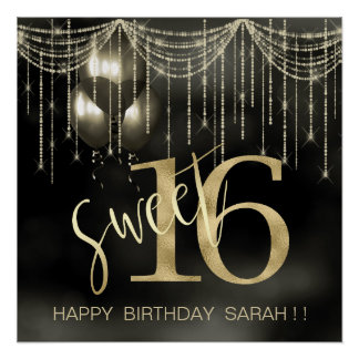 Póster String Lights & Balloons Sweet 16 Black/Dourado ID