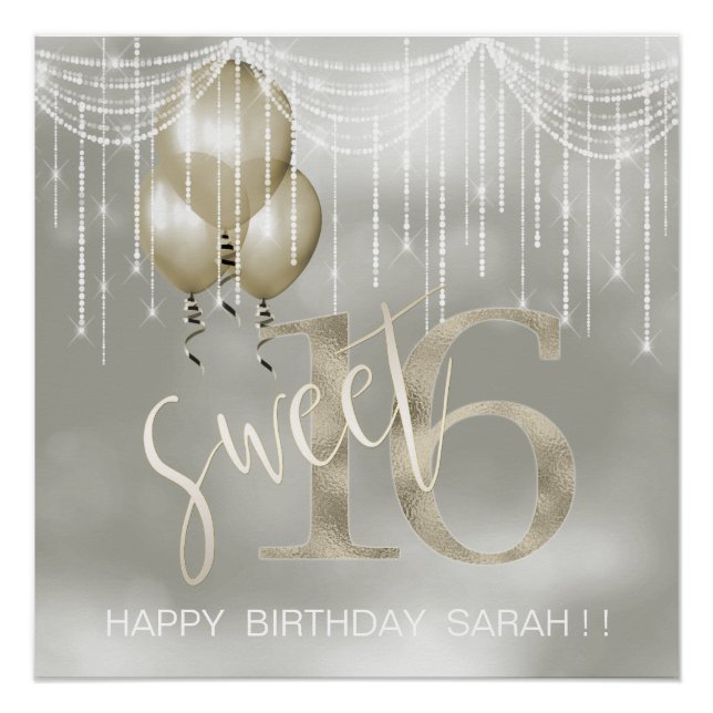Póster String Lights & Balloons Sweet 16 Champagne ID473 (Frente)