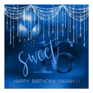 Póster String Lights & Balloons Sweet 16 Dk Blue ID473
