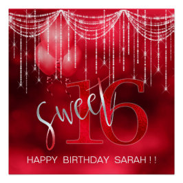 Póster String Lights & Balloons Sweet 16 Red ID473