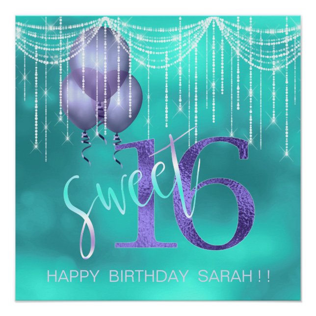 Póster String Lights & Balloons Sweet 16 TealPurple ID473 (Frente)