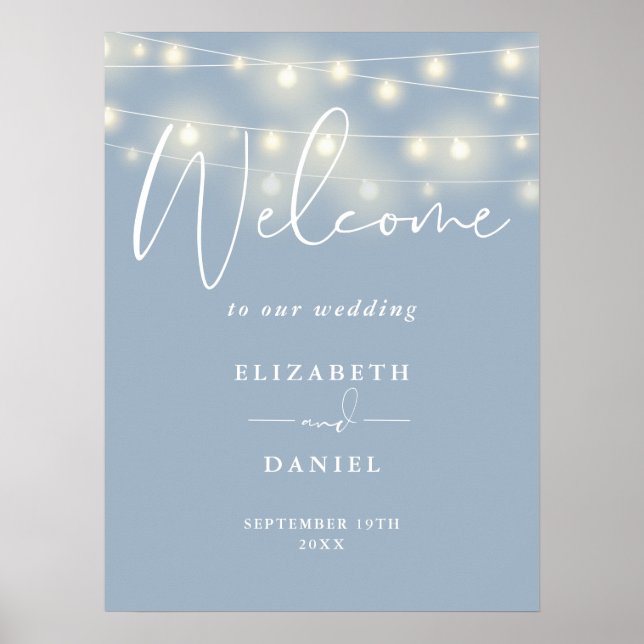 Poster String Lights Dusty Blue Wedding Welcome Sign (Frente)