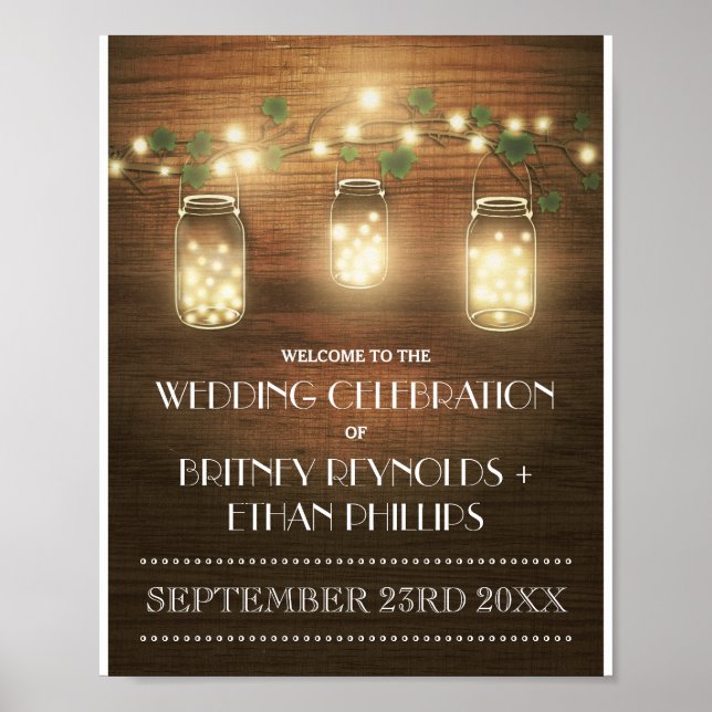 Póster String Lights Rustic Mason Jar Wedding Welcome (Frente)