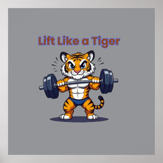 Poster **Strong Tiger – Cute Tiger Lifting Weights Illust (Frente)