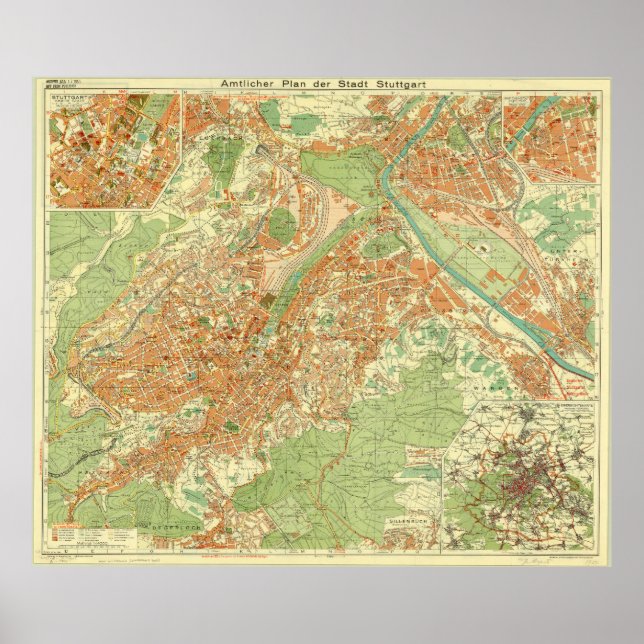 Poster Stuttgart Map, Stuttgart Germany, Germany Map 1954 (Frente)