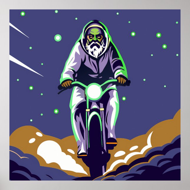 Poster Stylized Bearded Figure Riding a Motorcycle (Frente)
