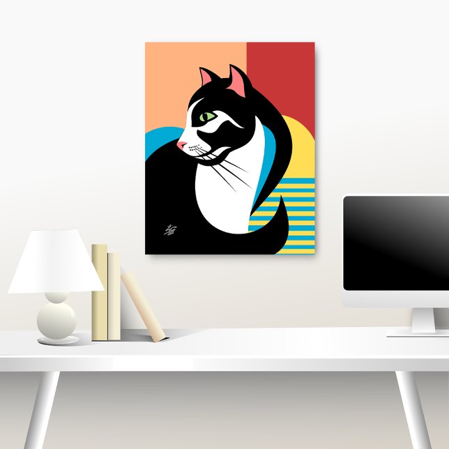 Poster Stylized Black and White Cat Art (Abstract cat art over desk)