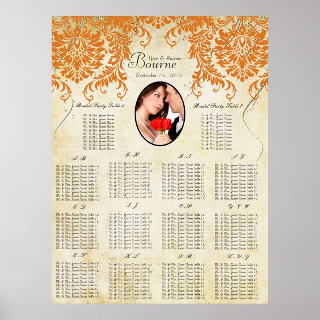 Póster Sua Foto: Coral Damask Dourado Seating Chart (Frente)