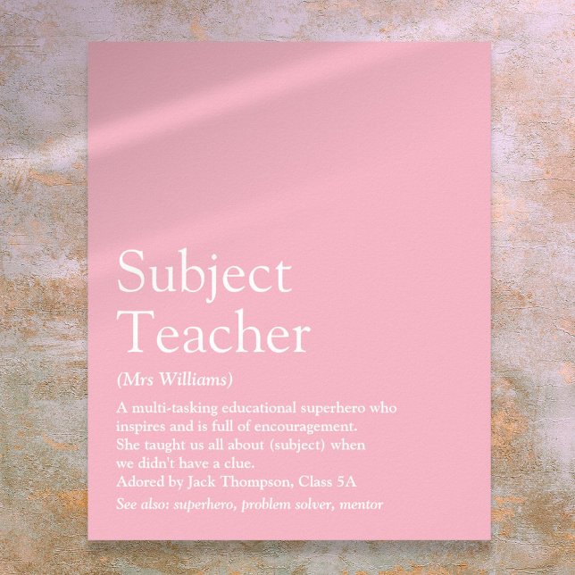Poster Sua Melhor Professora de Todos os Tempos Definição (Your Best Teacher Ever Definition Girly Pink Poster)